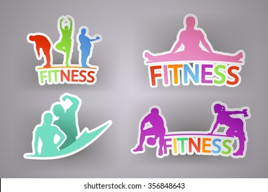 illustration of set of sport or fitness paper icon with silhouettes and shadow on grey background