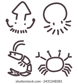 Illustration set of squid, octopus, shrimp, and crab deformed with simple lines