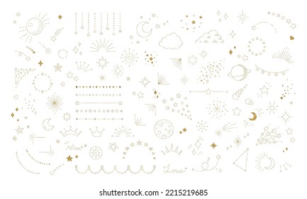 Illustration set of stars, decoration for space-themed design, shining starry sky, golden line drawing on white background.