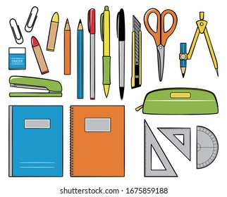 illustration set of stationery for school and office