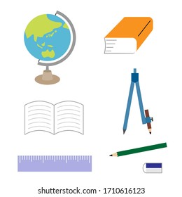 Illustration set of stationery such as pencil, dictionary, notebook