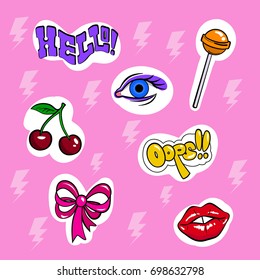 Illustration with set of stickers for invitation, flayers. Bright pink background and glamour pop art stickers lips, kiss, cherry, eye, lollipop.