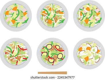 Illustration set of stir-fried vegetables