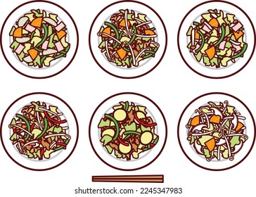 Illustration set of stir-fried vegetables