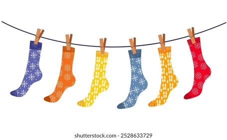 Conjunto de ilustración de medias, calcetines en una cuerda, calcetines de rodilla para niños con patrones de Navidades, descendientes, rastros, dibujos animados de Vector