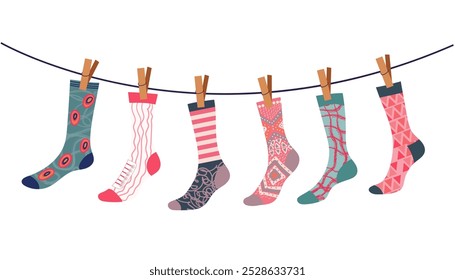 Conjunto de ilustración de medias, calcetines en una cuerda, calcetines de rodilla para niños con patrones de Navidades, descendientes, rastros, dibujos animados de Vector