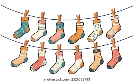 Conjunto de ilustración de medias, calcetines en una cuerda, calcetines de rodilla para niños con patrones de Navidades, descendientes, rastros, dibujos animados de Vector