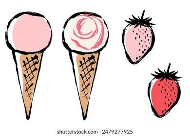 Illustration set of Strawberry flavor ice cream with brush touch