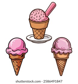 illustration set of strawberry ice cream in a waffle cup.