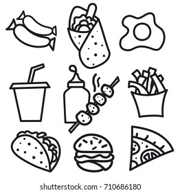 illustration of set street food icons and signs black and white drawings