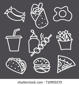 illustration of set street food icons and signs black and white drawing