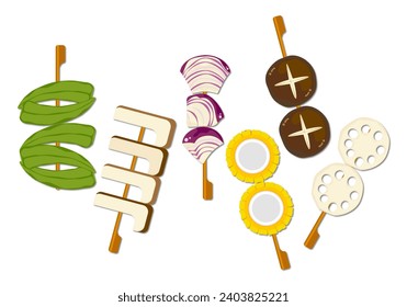 The illustration set of street food Yakitori is served with a variety of skewers. Asian fast food and takeaway restaurants Isolated on a white background cute cartoon for design elements Easy to edit.