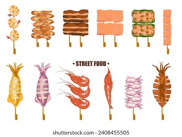 The illustration set of street food Yakitori is served with a variety of skewers. Asian fast food and takeaway restaurants Isolated on a white background cute cartoon for design elements Easy to edit.