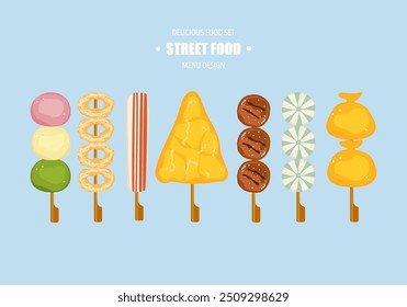 The illustration set of street food Yakitori is served with various skewers. Asian fast food and takeaway restaurants Isolated on a white background cute cartoon for design elements Easy to edit.