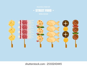 The illustration set of street food Yakitori is served with various skewers. Asian fast food and takeaway restaurants Isolated on a white background cute cartoon for design elements Easy to edit.