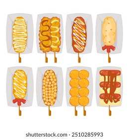 The illustration set of street food Yakitori is served with various skewers. Asian fast food and takeaway restaurants Isolated on a white background cute cartoon for design elements Easy to edit.