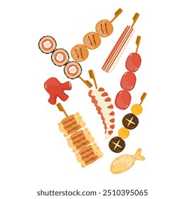 The illustration set of street food Yakitori is served with various skewers. Asian fast food and takeaway restaurants Isolated on a white background cute cartoon for design elements Easy to edit.