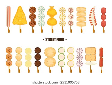 O conjunto ilustrativo de comida de rua Yakitori é servido com vários espetos. Restaurantes asiáticos de fast food e take-away Isolado em um fundo branco bonito desenho animado para elementos de design Fácil de editar.