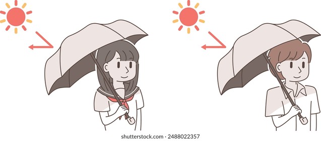 Illustration set of student holding a parasol