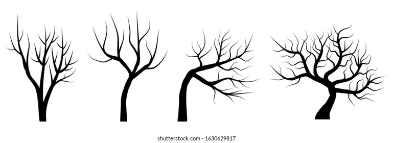 Illustration with set of stylized trees, without leaves. Elements isolated on white background. Digital art.