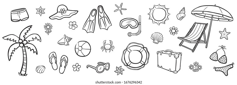 Illustration set: summer / black and white, hand drawn, vector, isolated