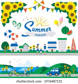 Illustration set of summer cityscape and sea and mountains