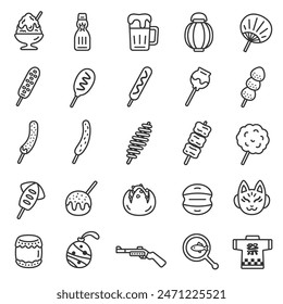 Illustrationsset von Sommerfestival-Icons (Strichzeichnungen).

Das japanische Wort "matsuri" bedeutet Festival.