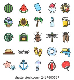 Conjunto de ilustraciones de iconos de verano (color de dibujo de línea).