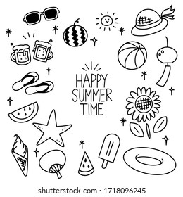 Illustrationsset der Sommerartikel. Schwarze Version.Vektorgrafik auf weißem Hintergrund.