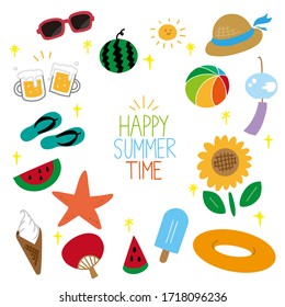 Illustration set of summer items. Colorful version.Vector illustration on white background.