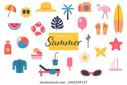 Illustration set of summer items Sea Summer Vacation Beach Simple Cute Tropical Resort Travel Vacation