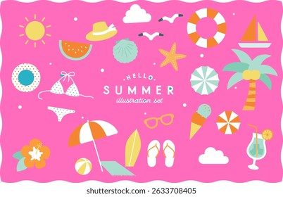 Illustration set of summer items Sea Summer vacation Beach Simple Cute Tropical Resort Travel Vacation