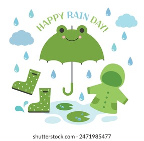 Illustration set of summer rainy season concept. Frog-shaped umbrella, green raincoat, green rain boots, lotus leaf illustration and 'HAPPY RAIN DAY!' Combination of typography.