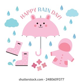 Illustration set of summer rainy season concept. rabbit-shaped umbrella, pink raincoat, pink rain boots, hydrangea flower illustration and 'HAPPY RAIN DAY!' Combination of typography.