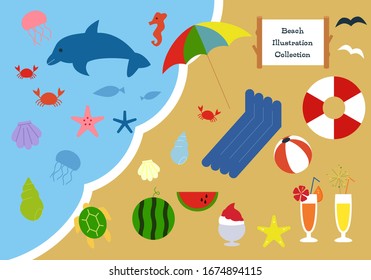 Illustration set of summer related objects. beach background