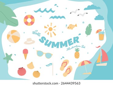 Illustration set of Summer and Sea items. Summer vacation icons travel Hello Summer Vector design