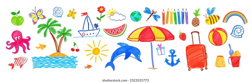 Illustration set of summer seaside vacation isolated child drawings