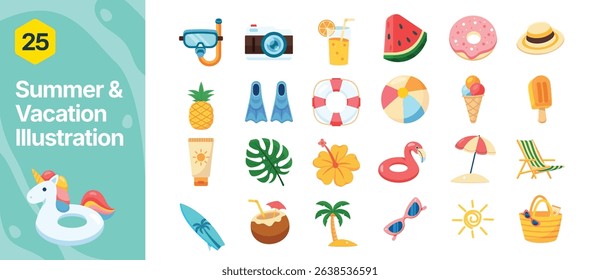 Illustration set of Summer Vacation Flat Style Elements