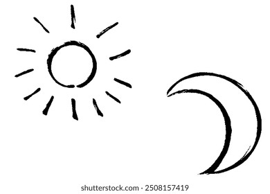 Illustration set of sun and moon with brush touch