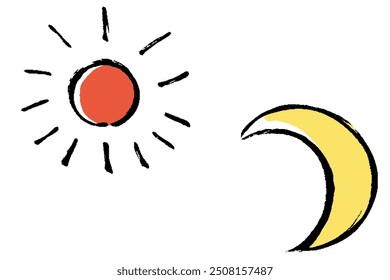 Illustration set of sun and moon with brush touch