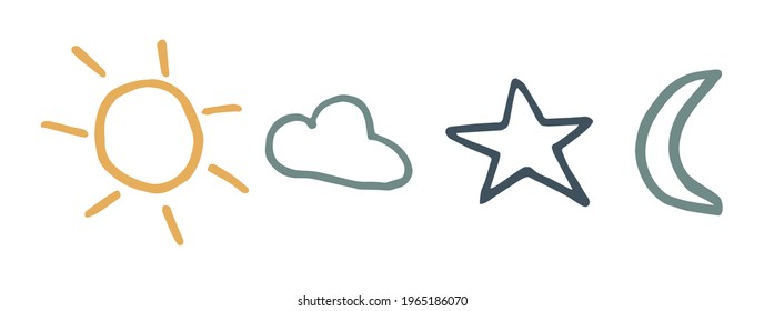 Illustration set with sun, moon, cloud and star, doodle icon vector set