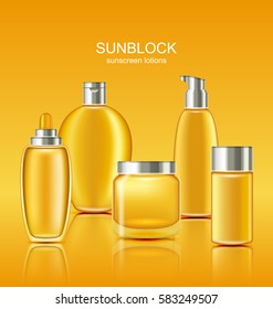 Illustration Set Sunscreen Protection Cosmetics. Sun Care Containers, Orange Collection Sunblock Lotions - Vector