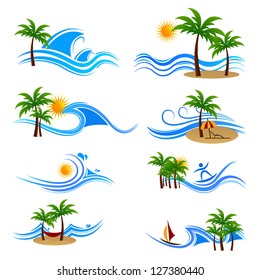 illustration of set of sunset at sea view icon with palm tree