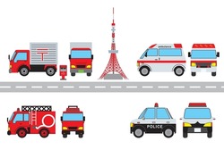 Illustration Set Of Super Deformed Automobile Vehicles. Japanese Ambulances, Fire Trucks, Police Cars, Postal Trucks.