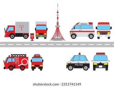 Conjunto de ilustraciones de vehículos automotores súper deformados. ambulancias japonesas, camiones de bomberos, autos de policía, camiones postales.