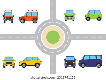 Conjunto de ilustraciones de vehículos automotores superdeformados: minivan, vehículo todoterreno, vehículo de transporte público.