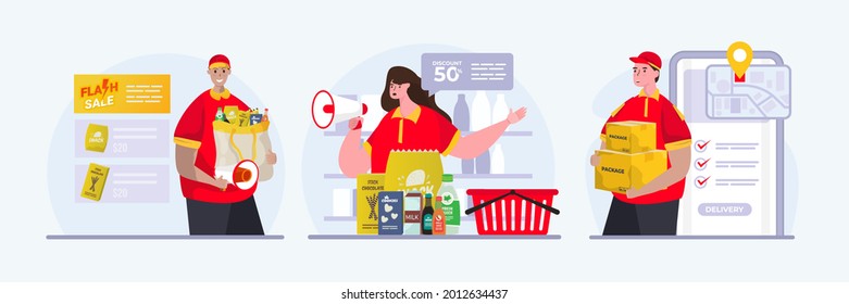 Illustration Set Of Supermarket Worker With Shopping Sale Offer Concept