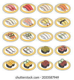 An illustration set of sushi ingredients on a conveyor belt sushi plate.