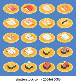 Eine Illustrationssammlung aus Sushi-Zutaten auf einer Fördergurt-Sushi-Platte.