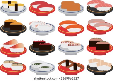 Illustration set of sushi on various plates